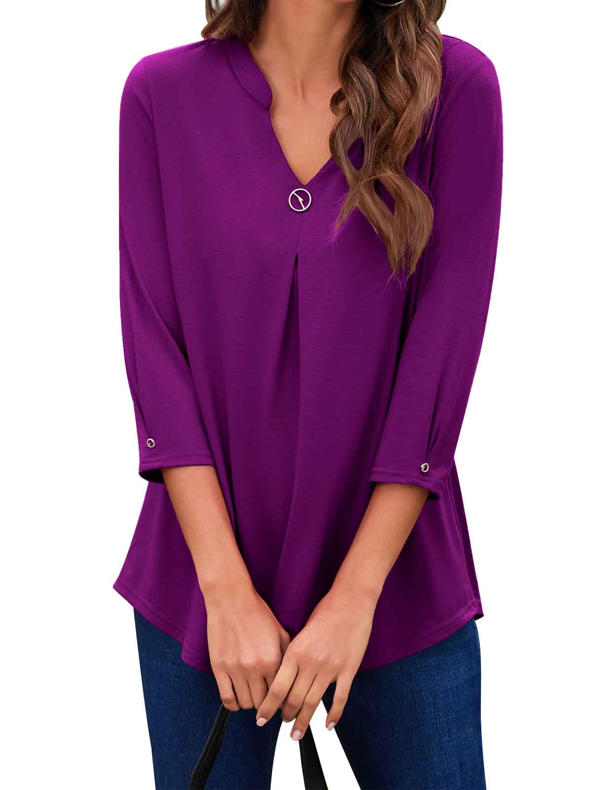 3/4 Sleeve Pleated Plain Tops