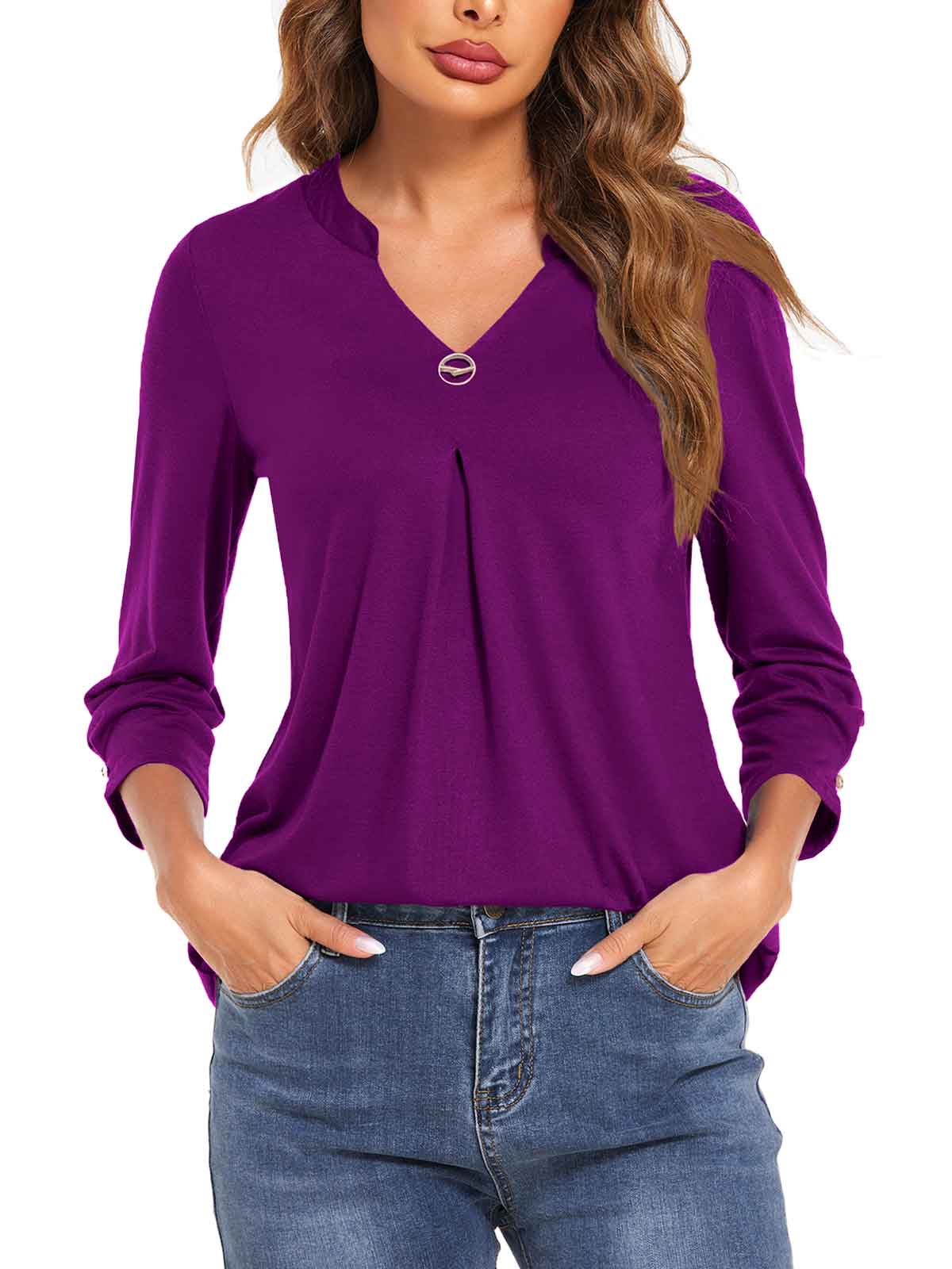 3/4 Sleeve Pleated Plain Tops