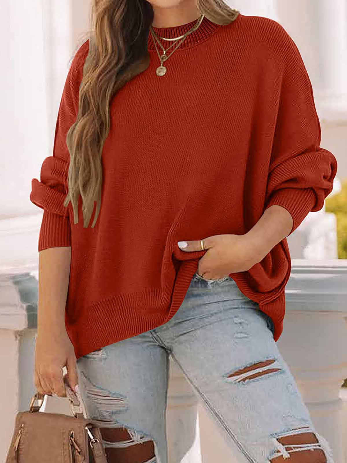 Side Slit Knit Balloon Sleeve Sweater