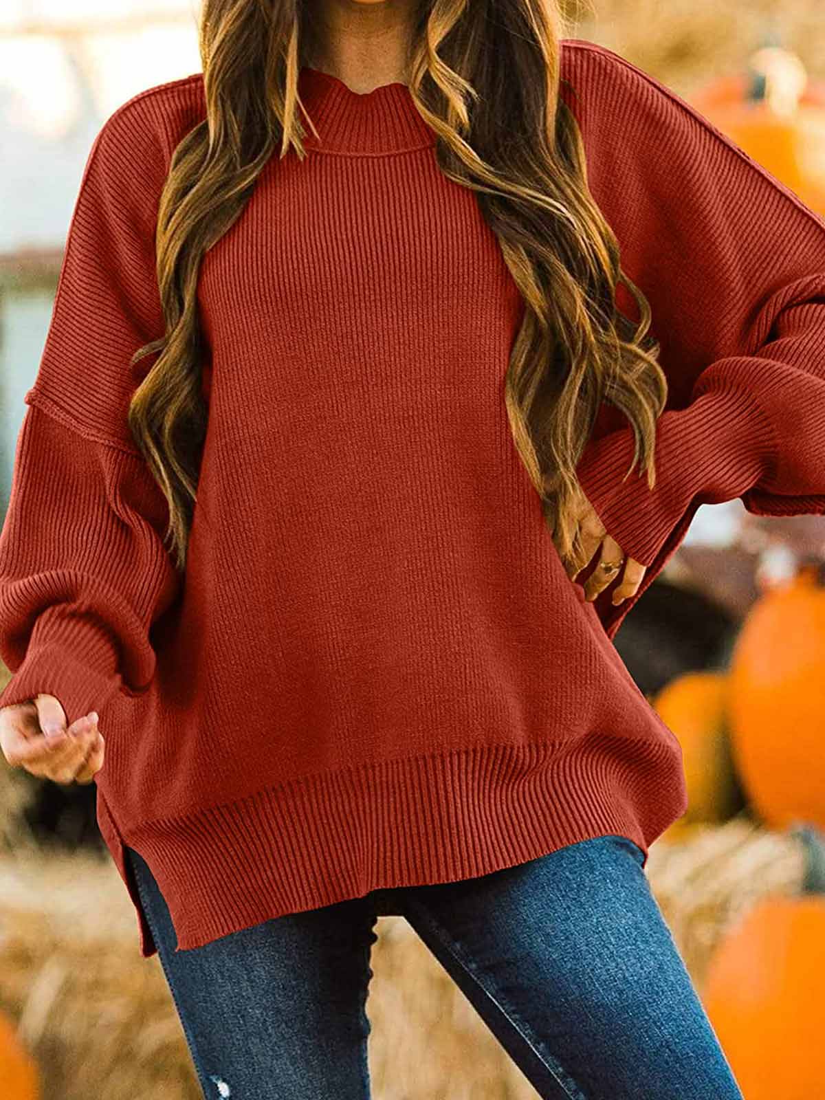 Side Slit Knit Balloon Sleeve Sweater