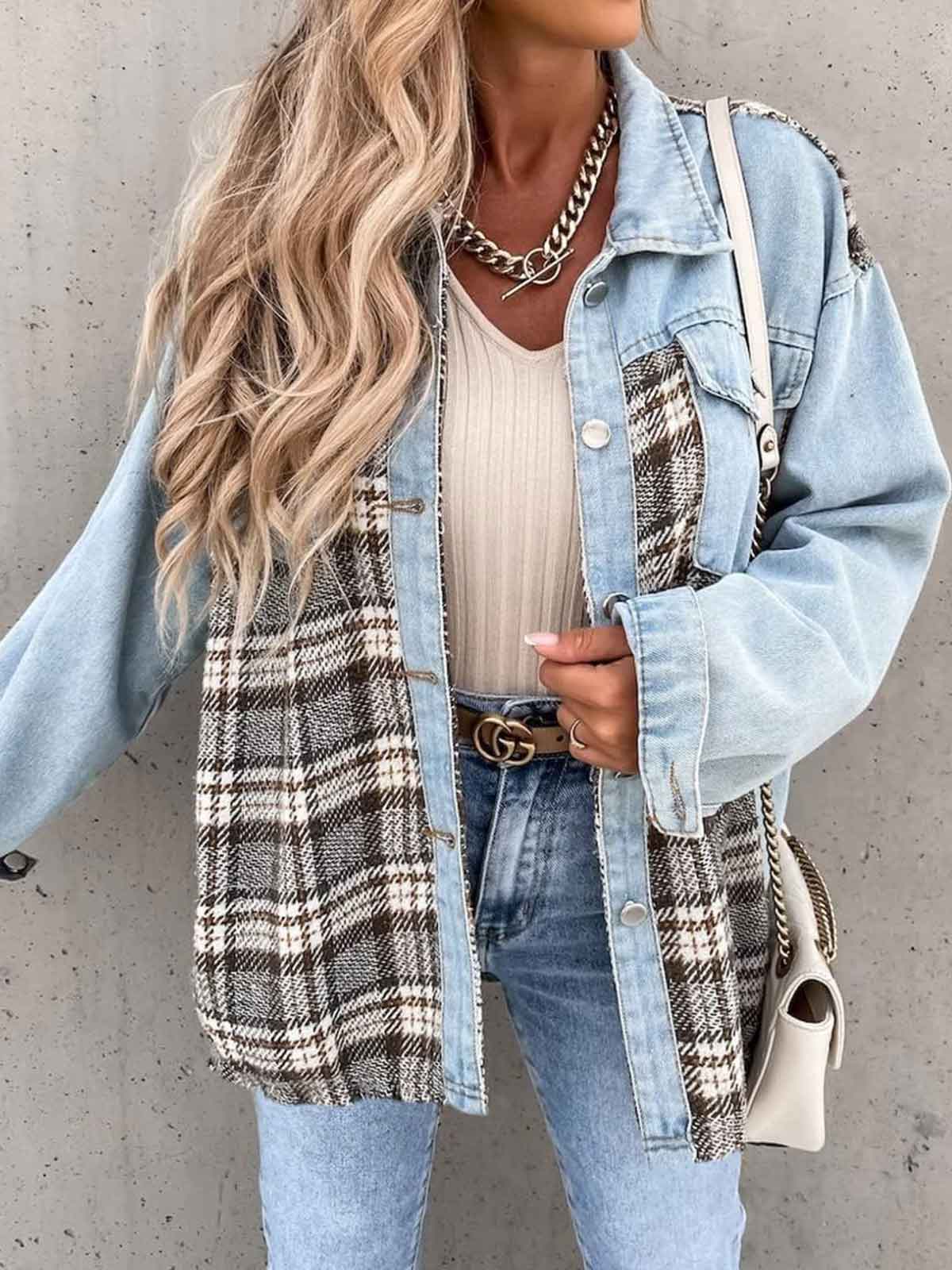 Plaid Button Down Denim Jacket