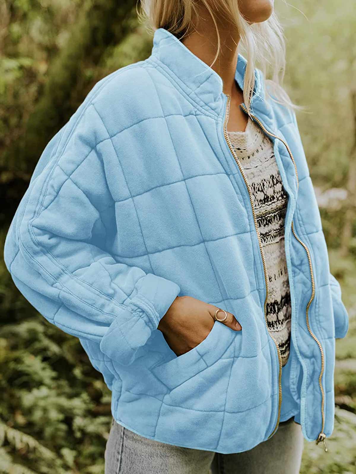 Open Zip Solid Color Padded Jacket