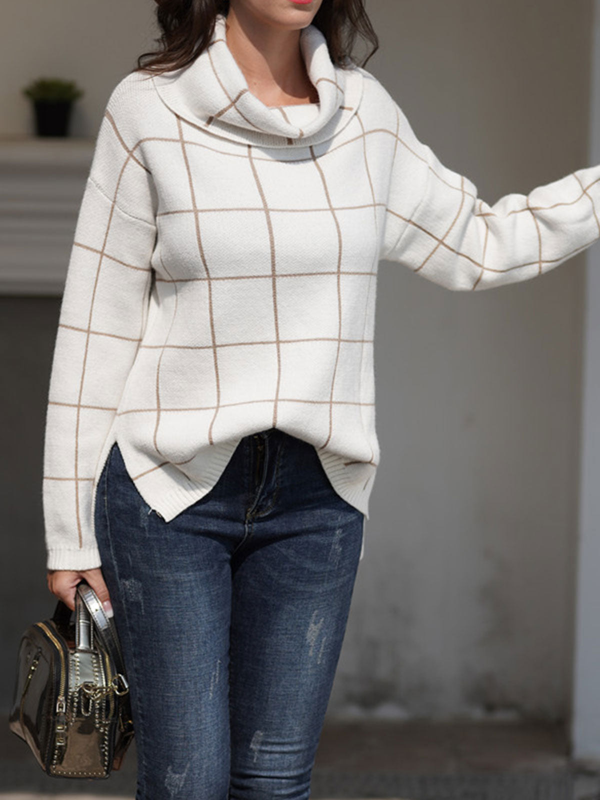 Turtleneck Slide Split Plaid Sweater