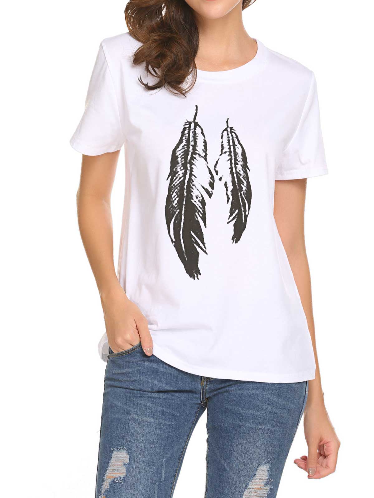 Feather Print Plain T-shirt