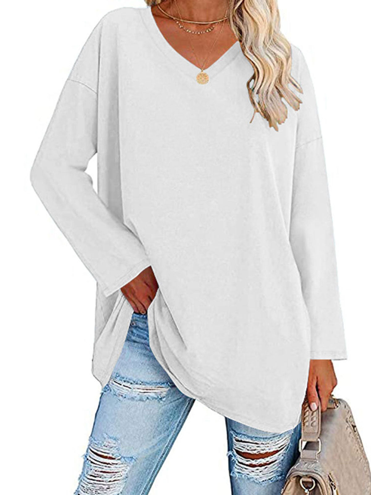 Casual V-neck Plain Tops