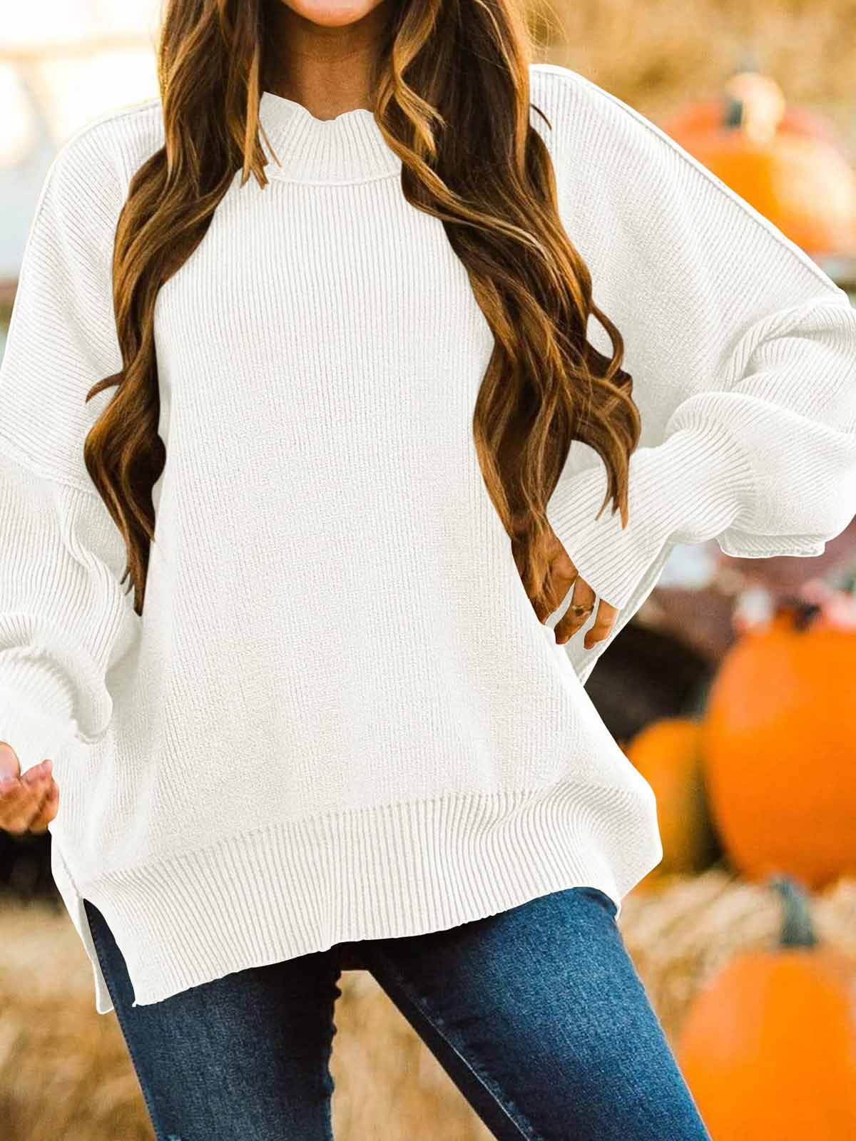 Side Slit Knit Balloon Sleeve Sweater