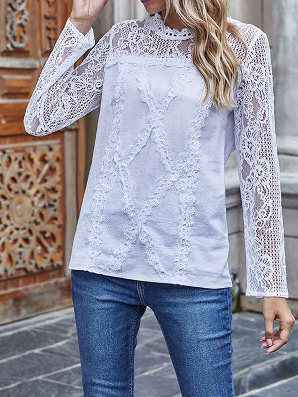 Lace Sleeve Solid Color Tops