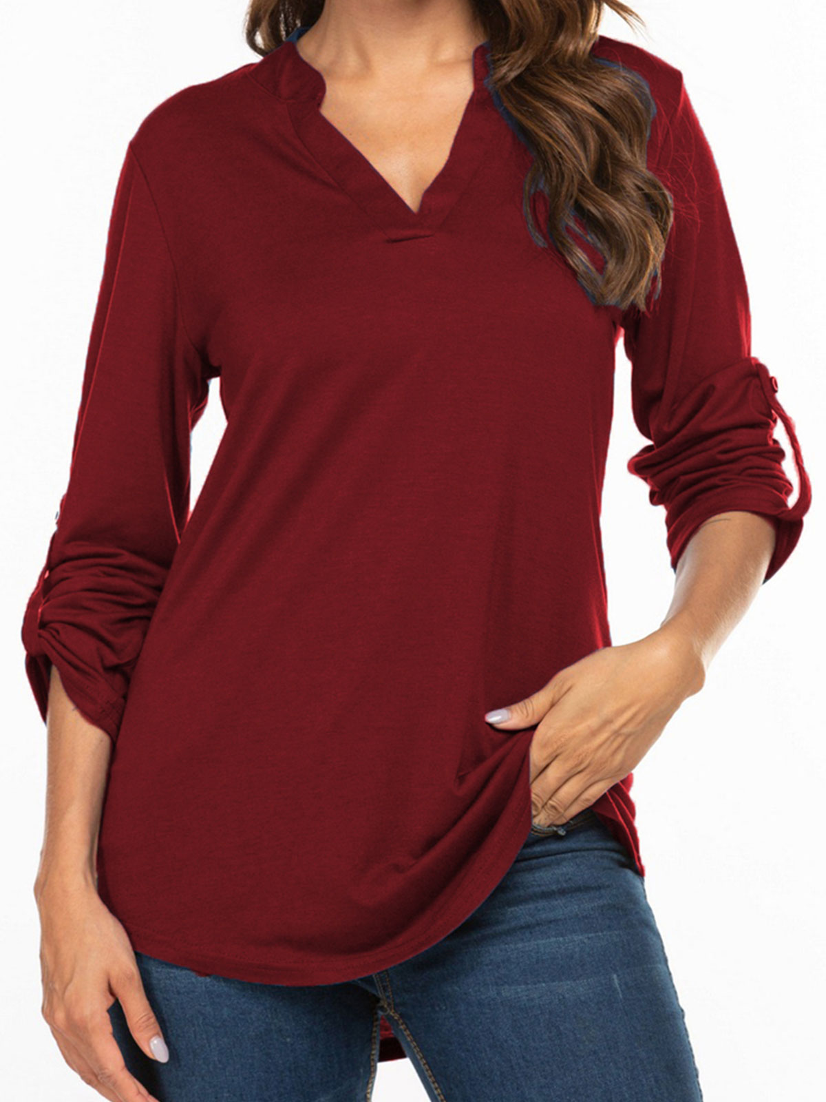 3/4 Sleeve Plain V Neck Tops