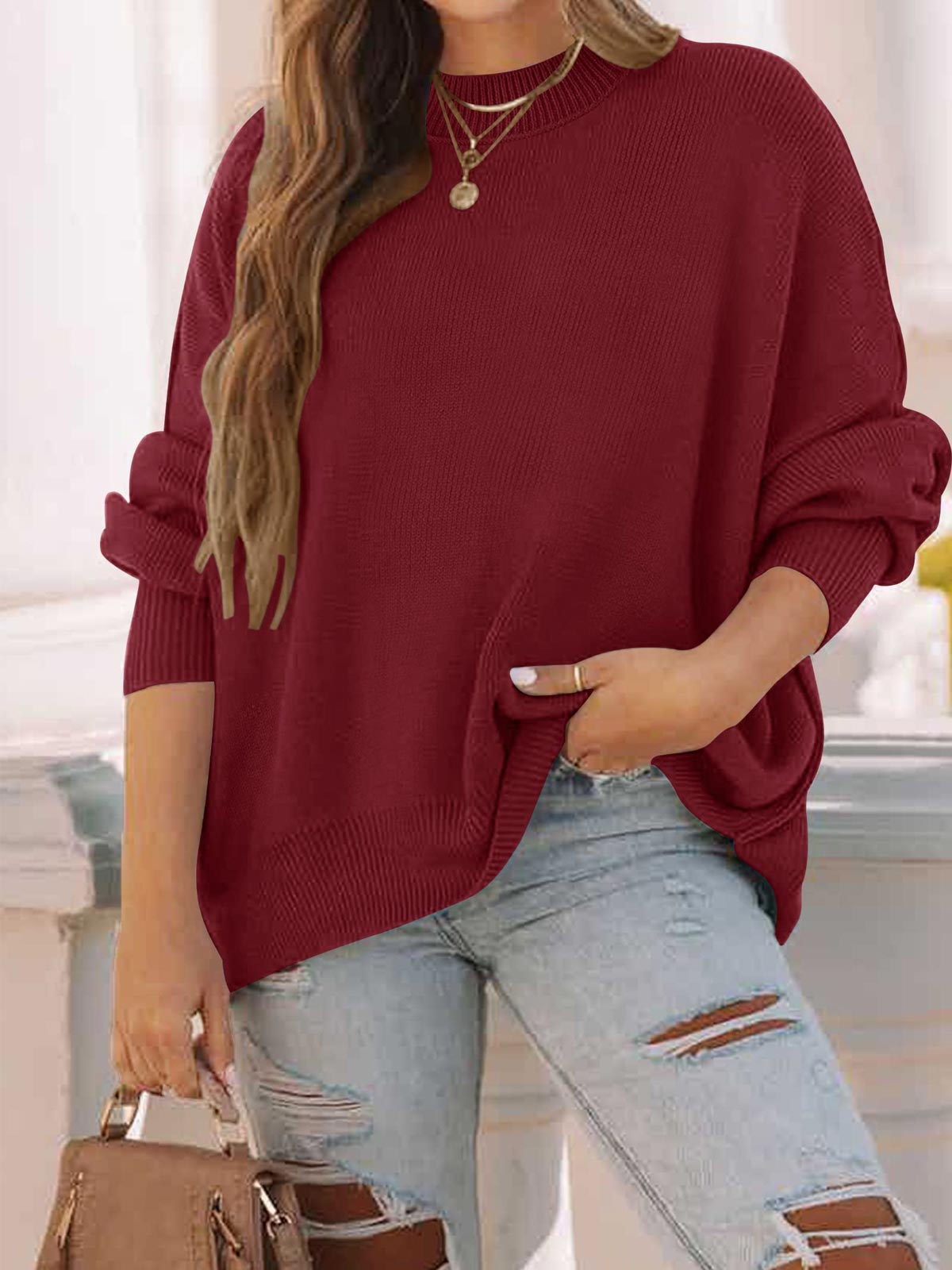 Side Slit Knit Balloon Sleeve Sweater