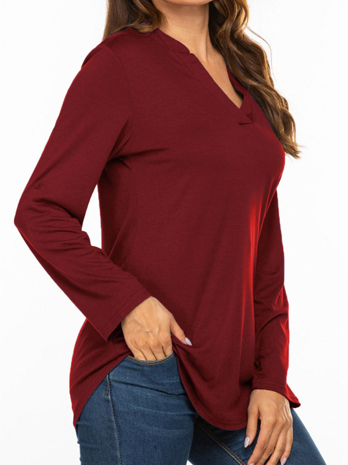 3/4 Sleeve Plain V Neck Tops