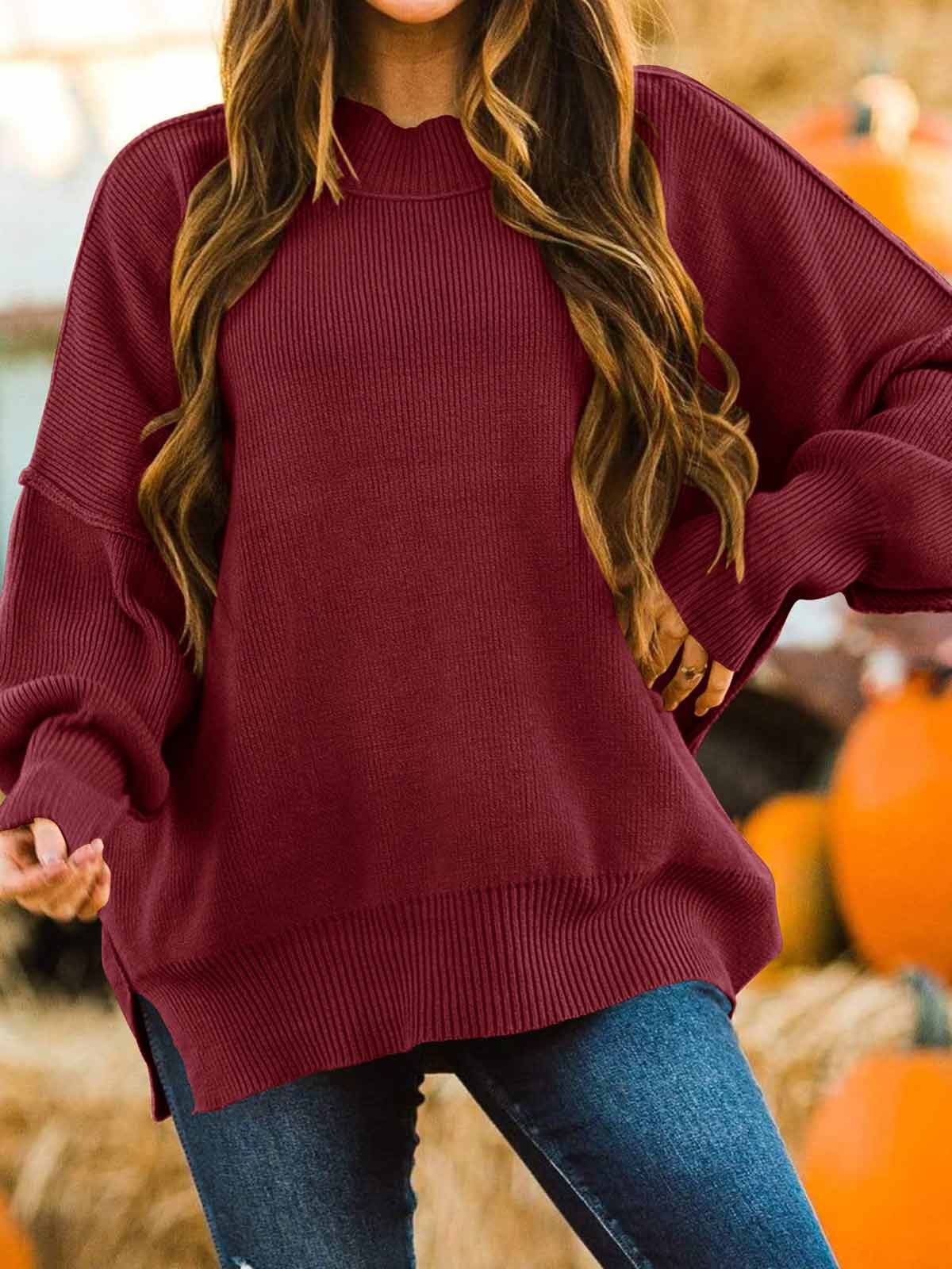 Side Slit Knit Balloon Sleeve Sweater