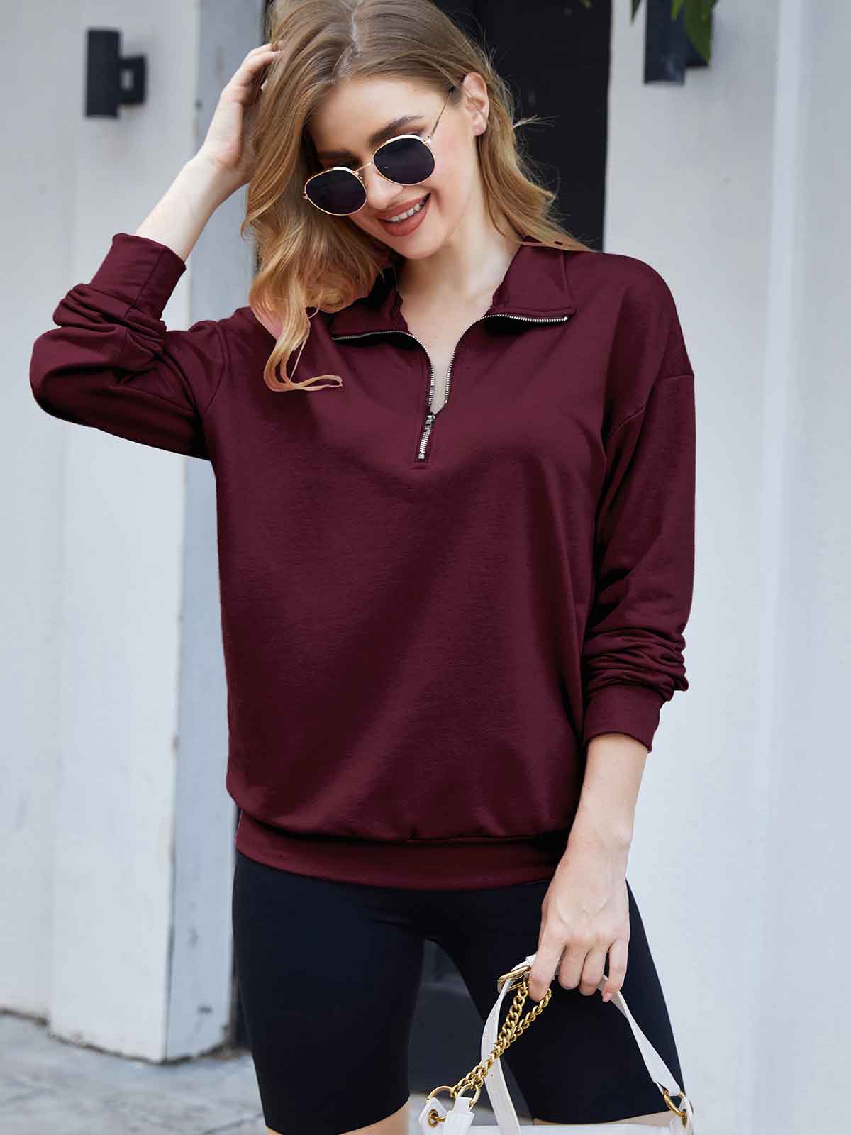 1/4 Lapel Zipper Solid Pullover Sweatshirt