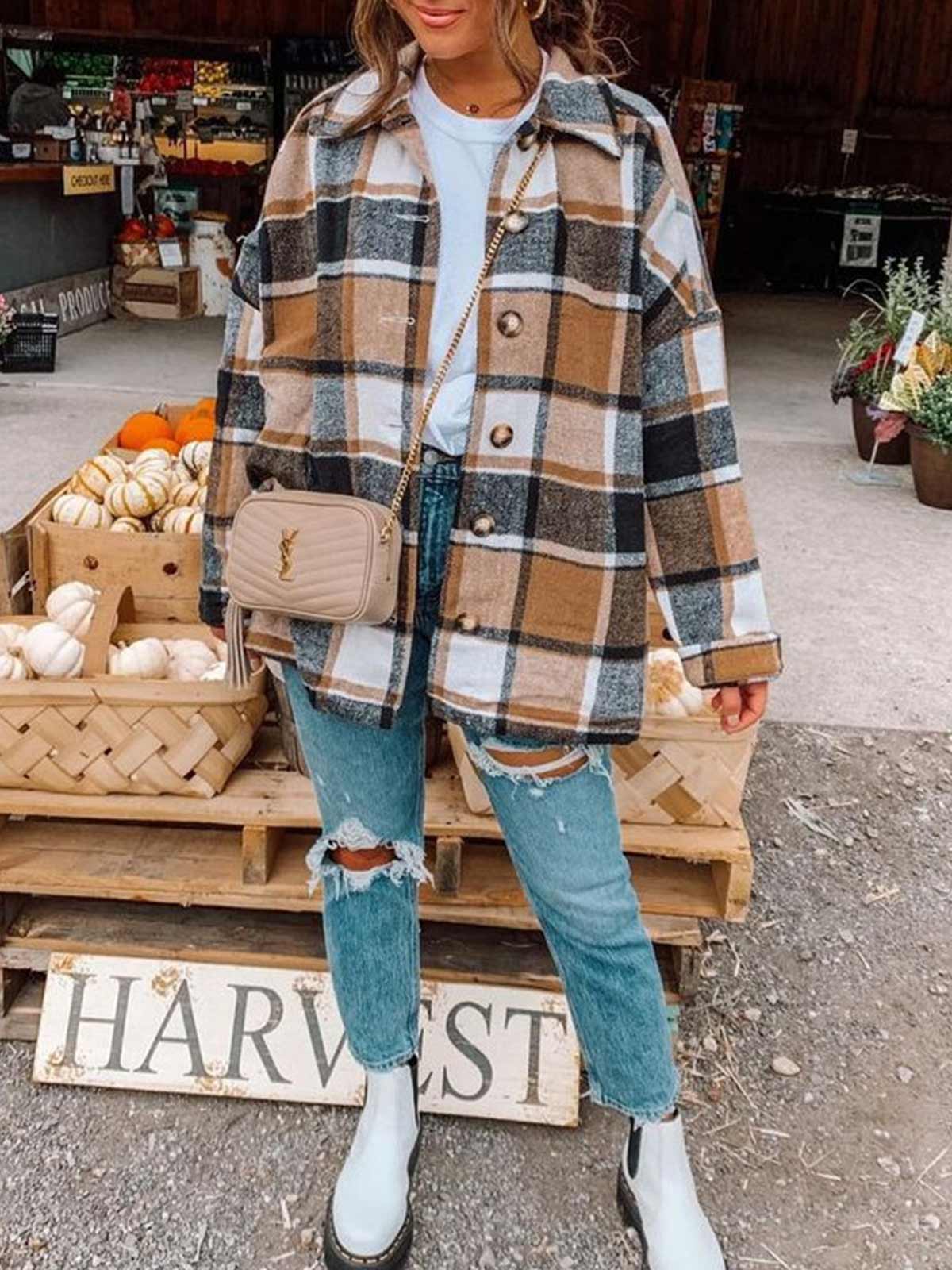 Wool Blend Plaid Button Down Jacket