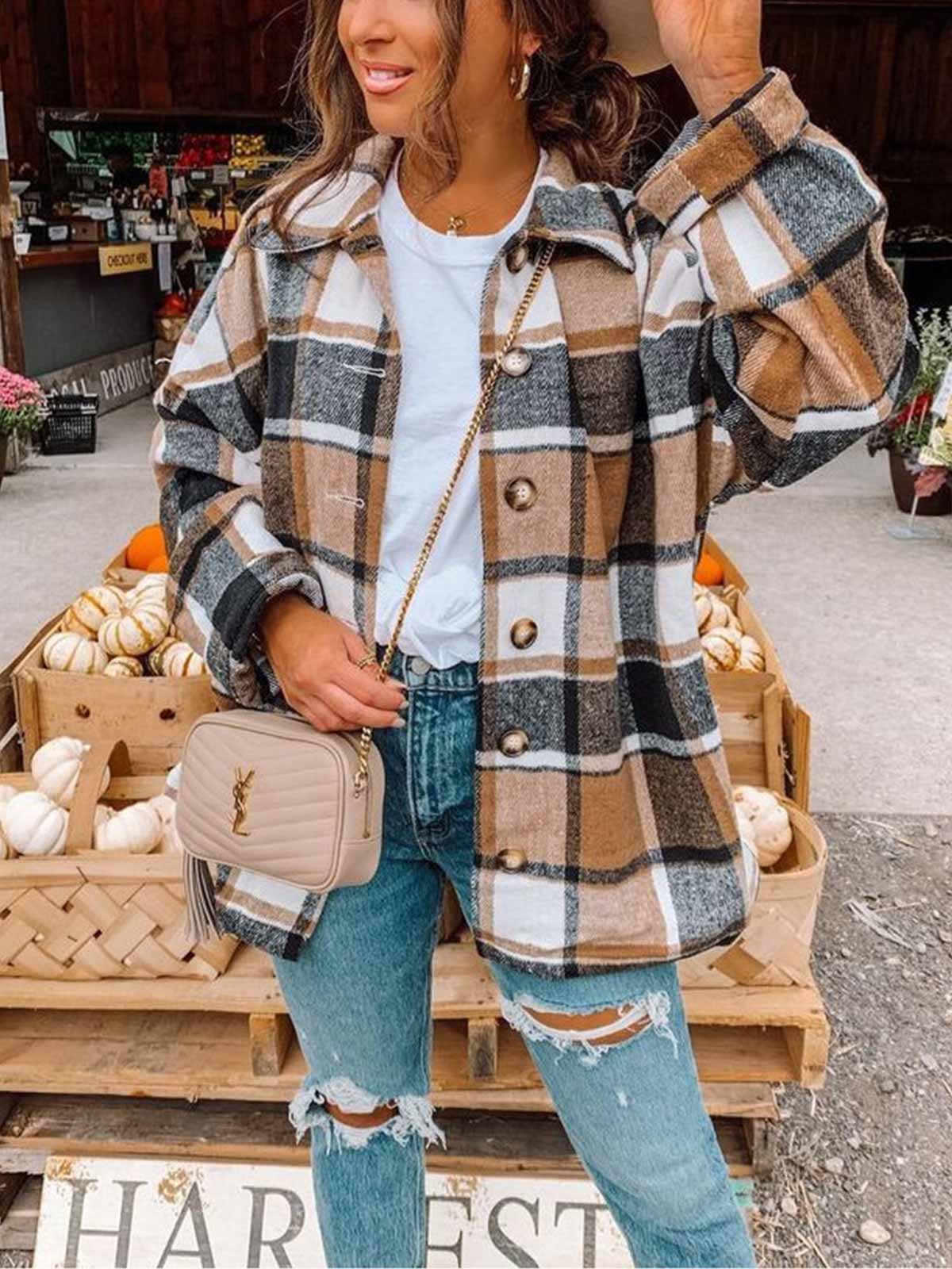 Wool Blend Plaid Button Down Jacket