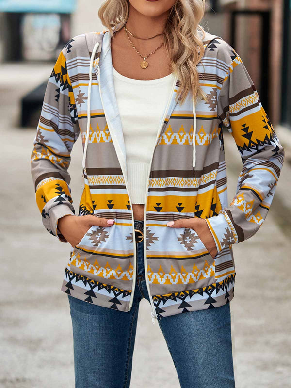 Geometric Print Zip up Shacket with Pockets