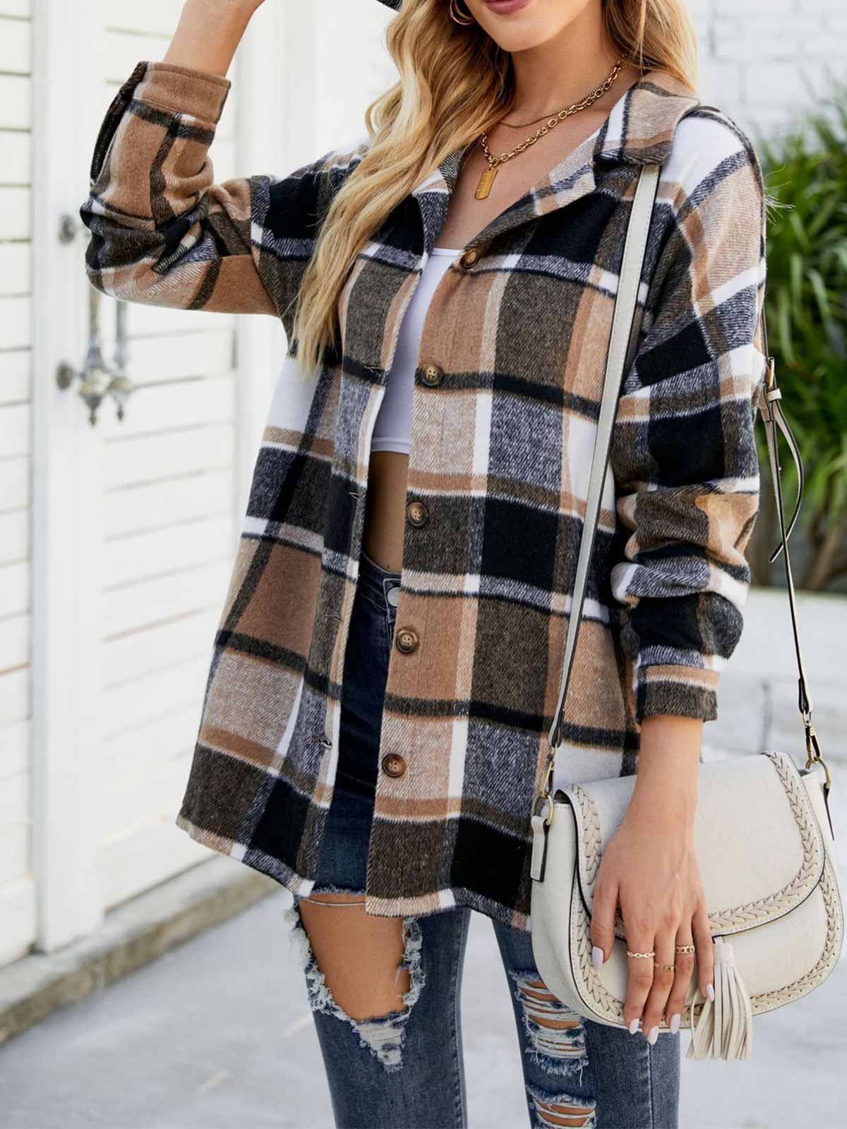 Wool Blend Plaid Button Down Jacket