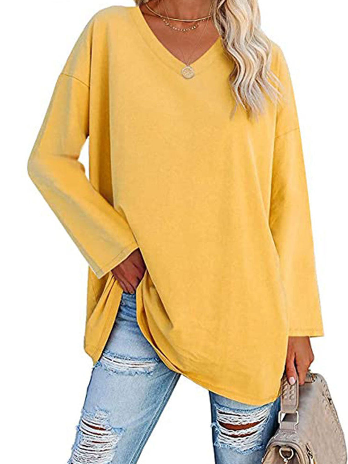 Casual V-neck Plain Tops