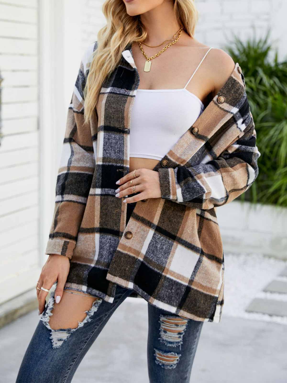 Wool Blend Plaid Button Down Jacket