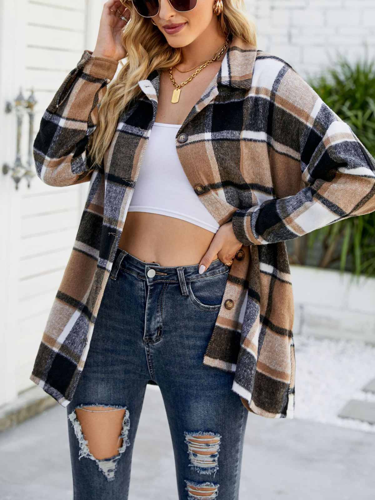 Wool Blend Plaid Button Down Jacket