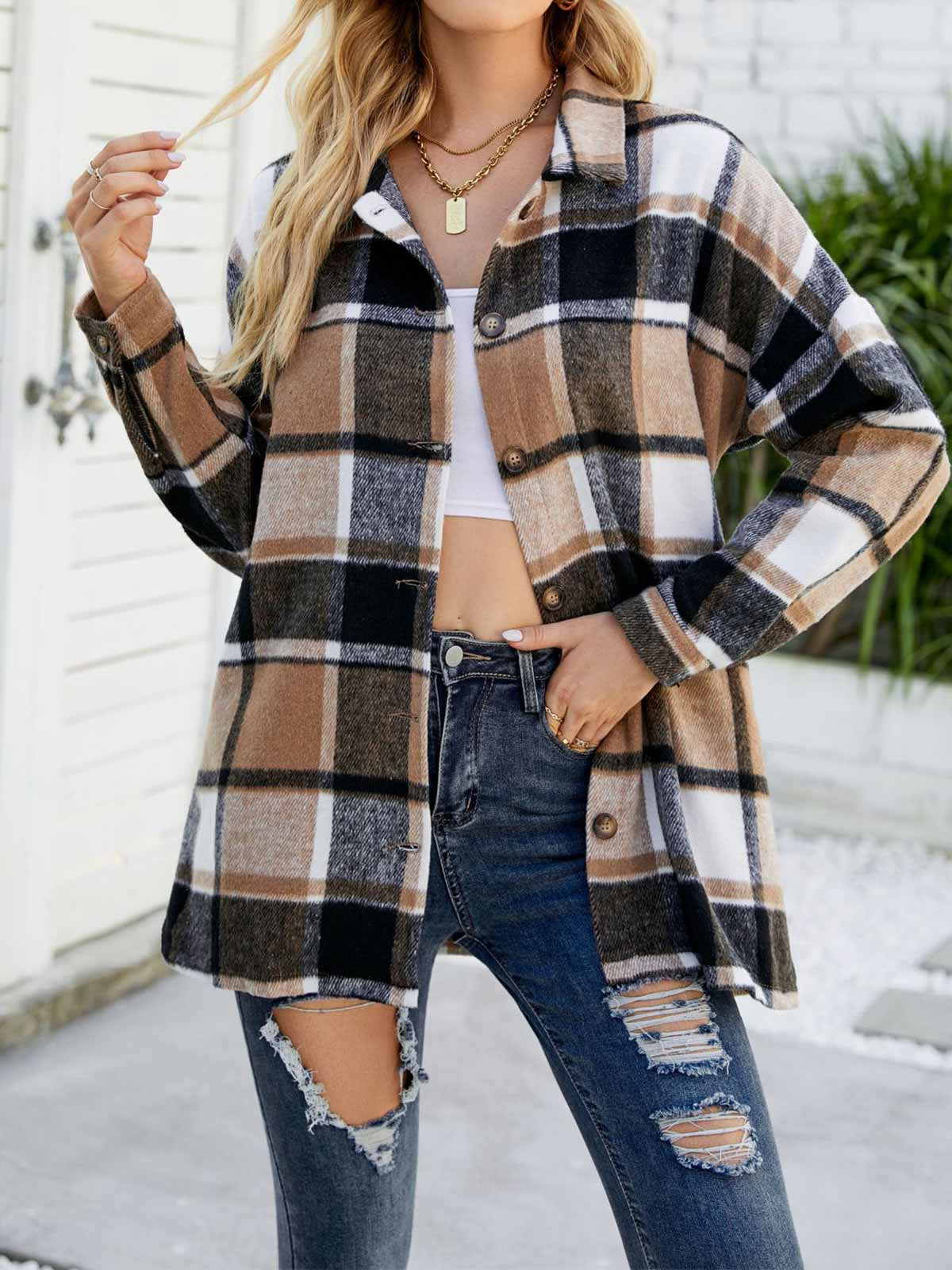 Wool Blend Plaid Button Down Jacket