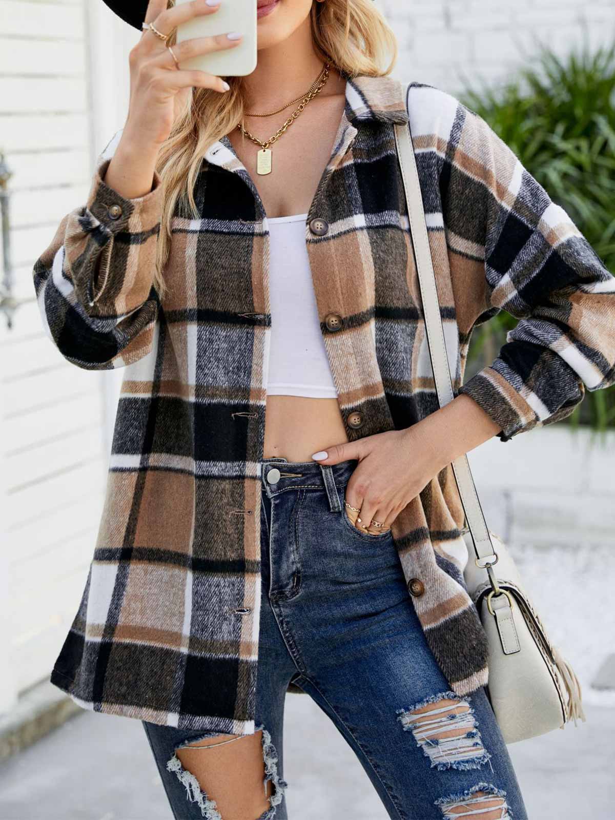 Wool Blend Plaid Button Down Jacket