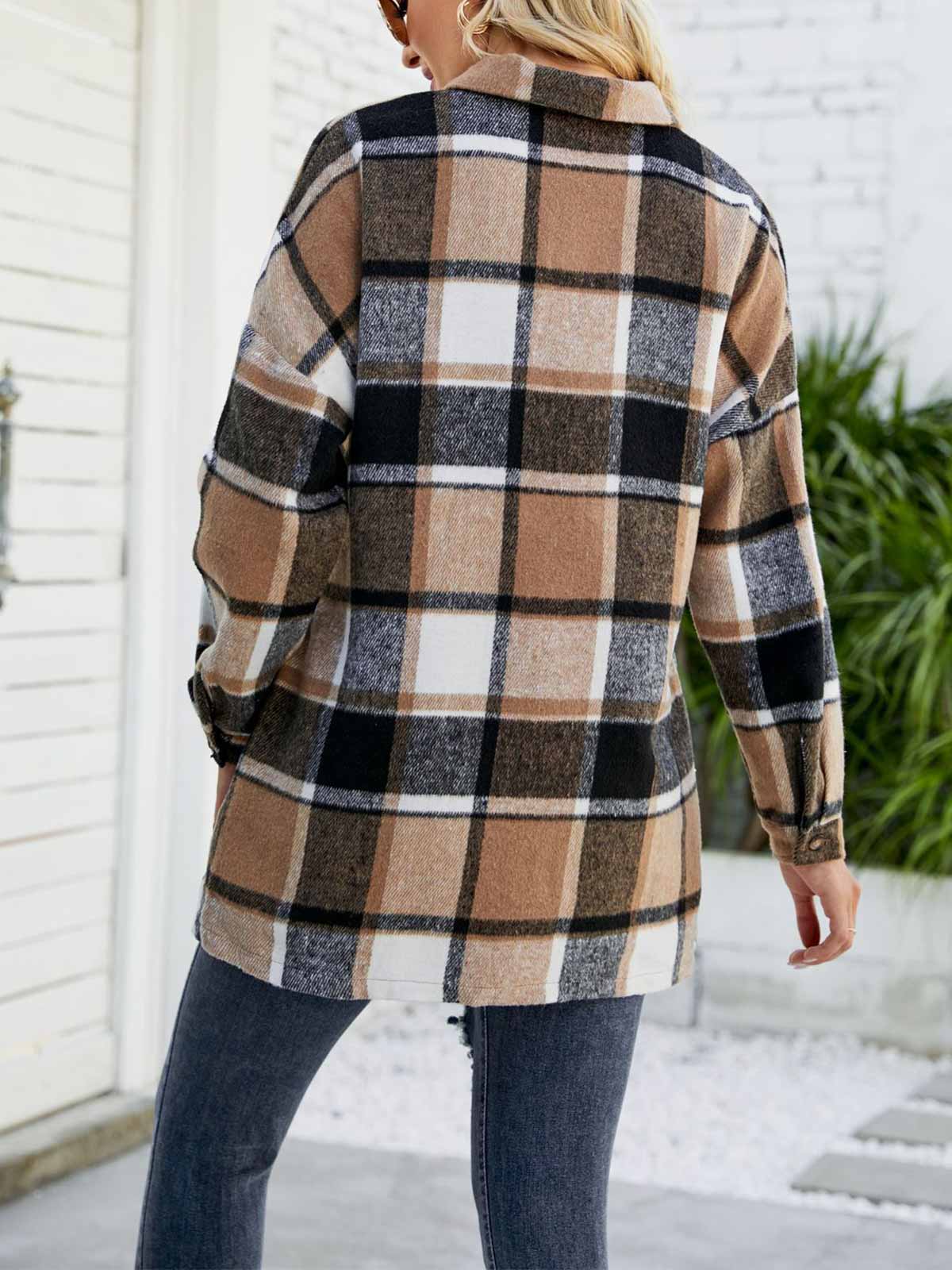 Wool Blend Plaid Button Down Jacket