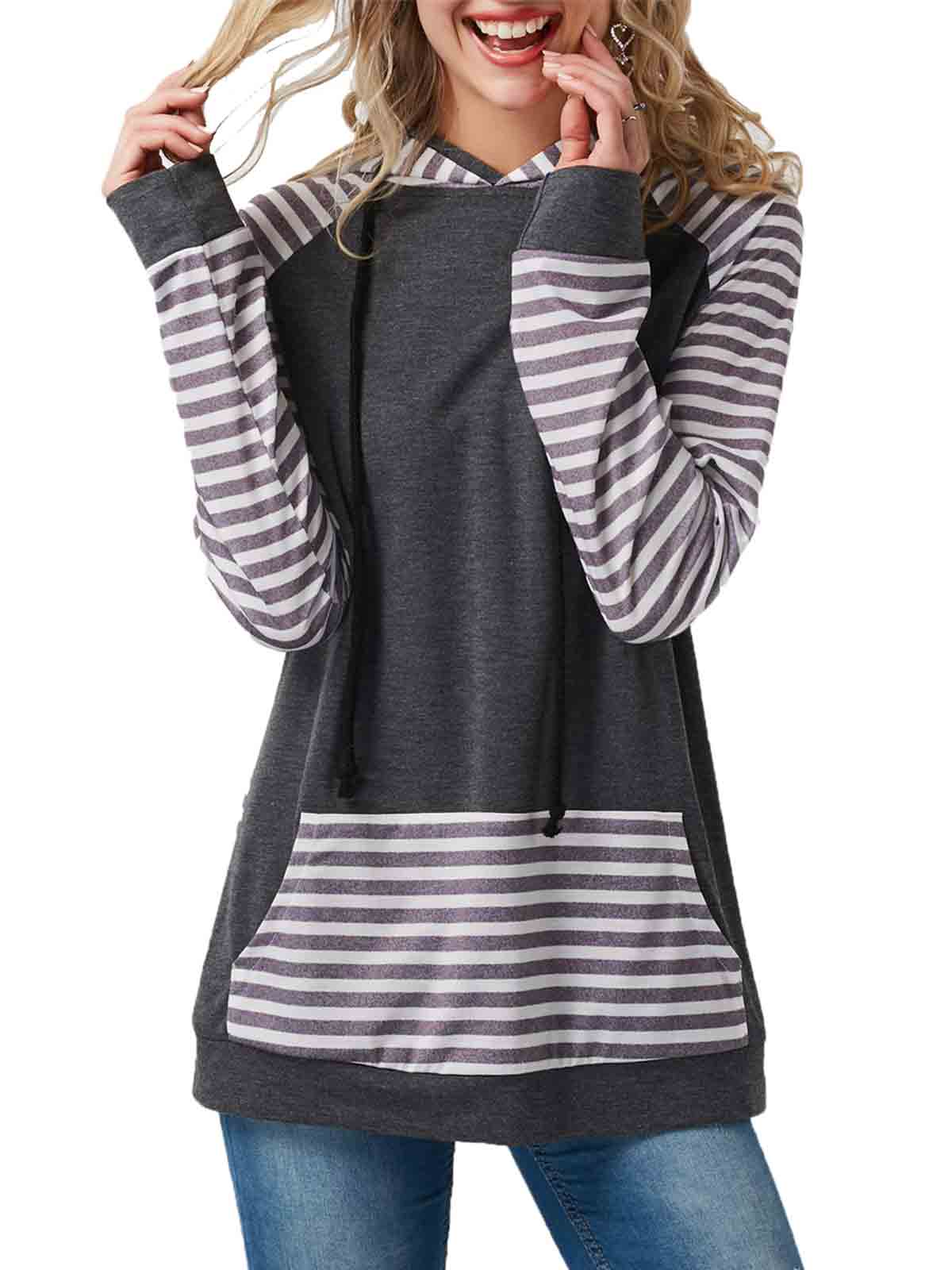 Striped Color Block Hoodie Sweatshirt with Pocket