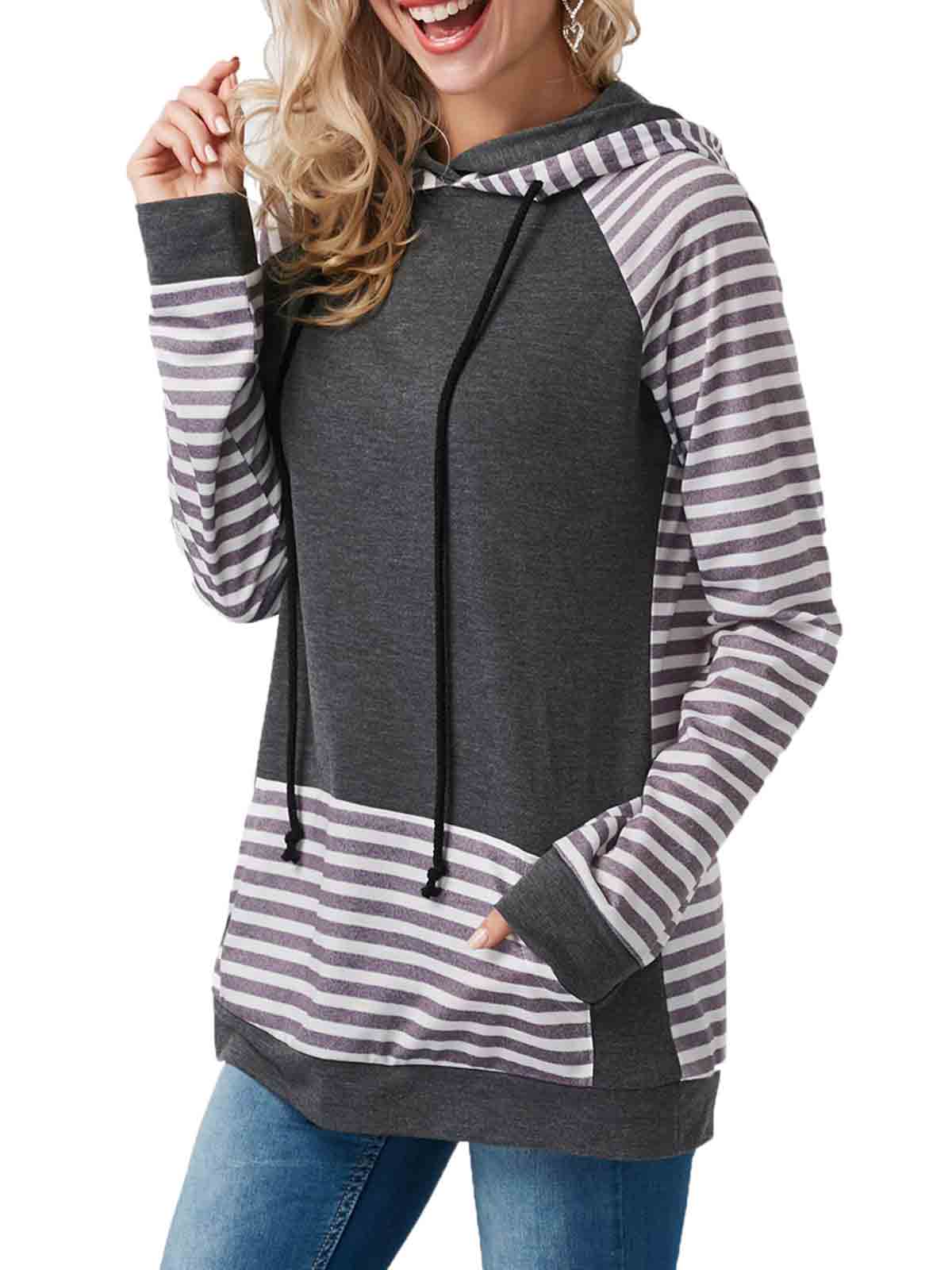 Striped Color Block Hoodie Sweatshirt with Pocket