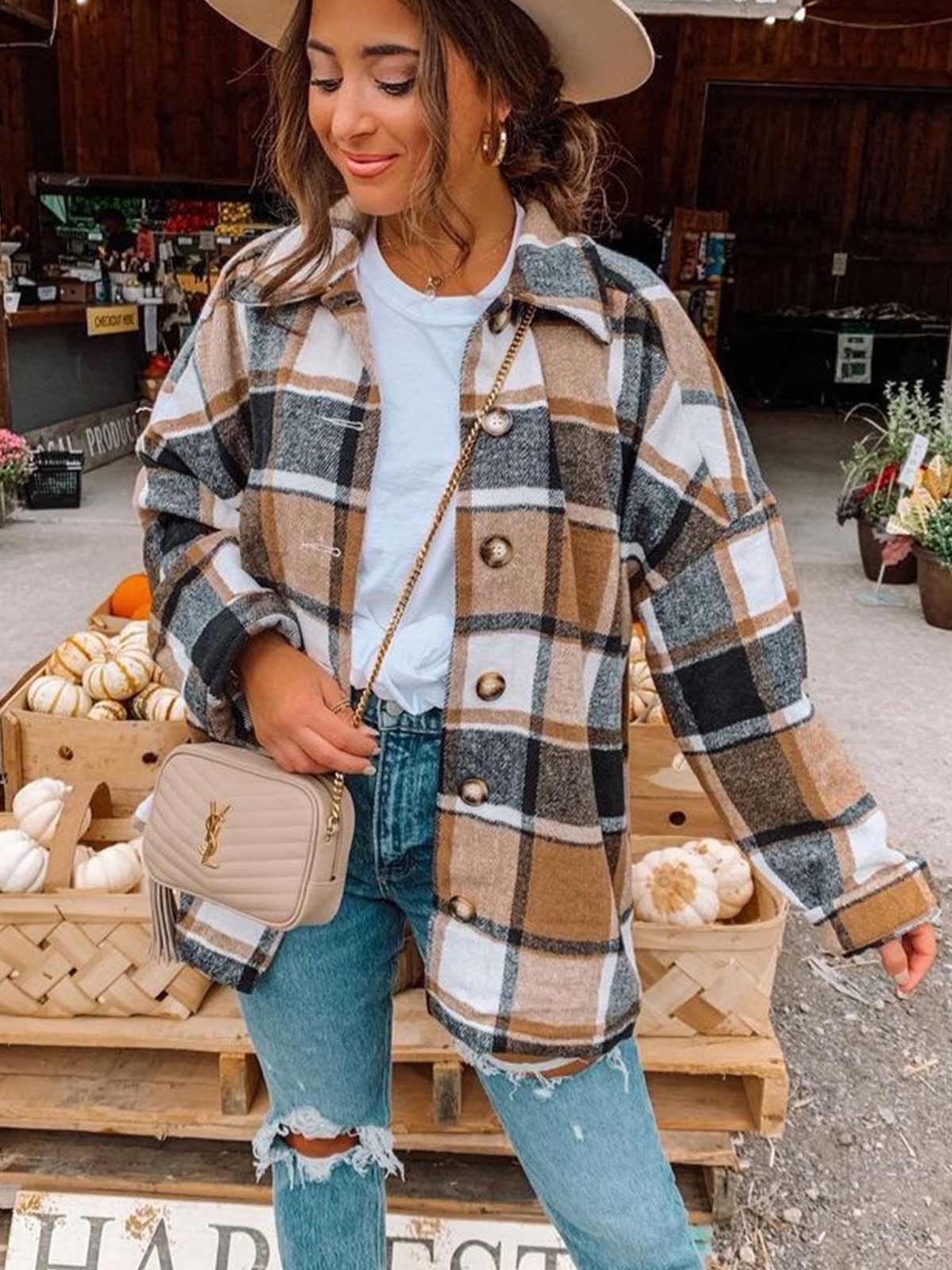 Wool Blend Plaid Button Down Jacket