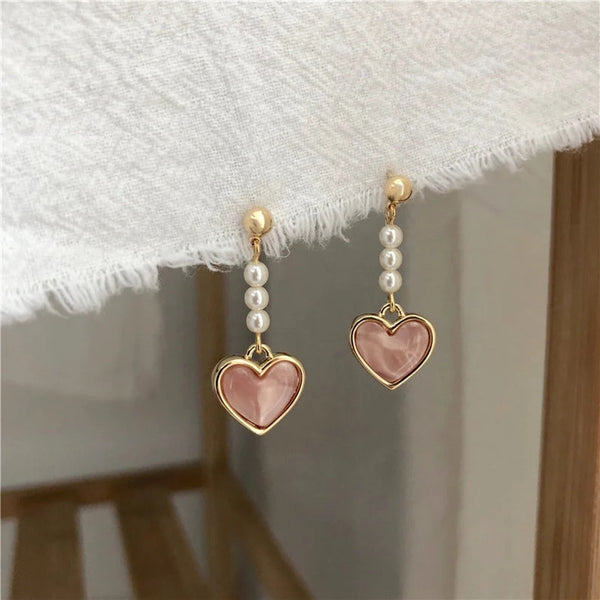 Pearl Drop Dangle Heart Earrings