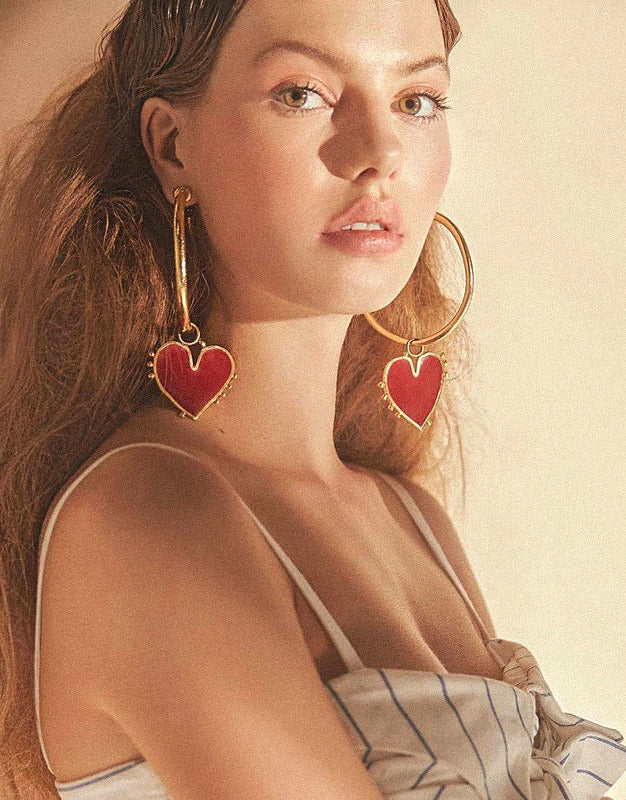 Red Heart Design Hoop Earrings