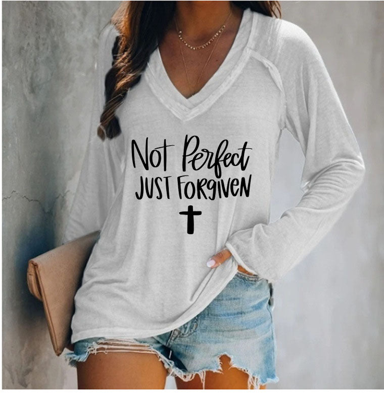 Not Perfect Just Forgiven V-Neck Long Sleeves T-shirt