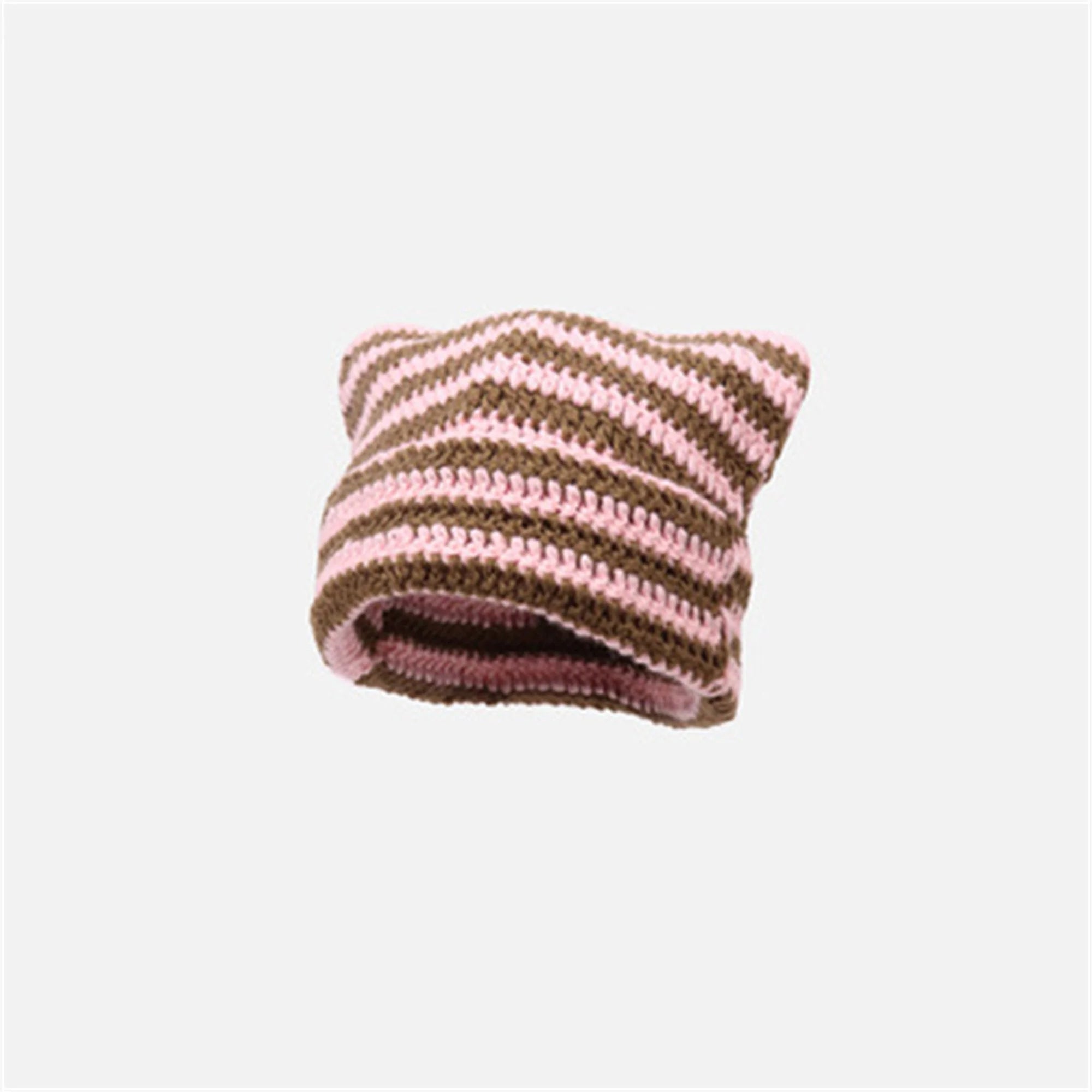 Striped Knitted Wool Hat Cat Ears Beanie
