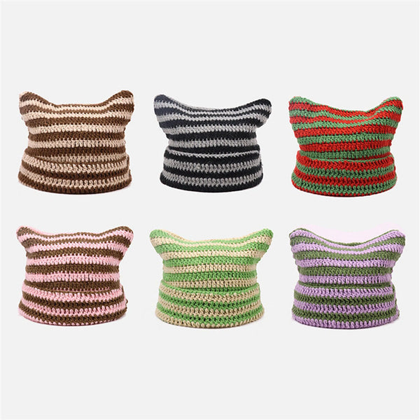 Striped Knitted Wool Hat Cat Ears Beanie