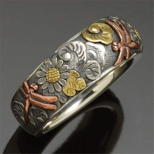 Vintage Dragonfly and Sunflower Ring